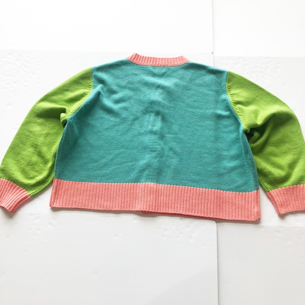 Unique Vintage Sweater Womens 4X 5X Colorblock Teal Green Pink Frog Cardigan - Picture 4 of 12